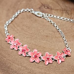 Beautiful Pink Floral Enamel Bracelet Or Anklet With Red Rhinestone Centers